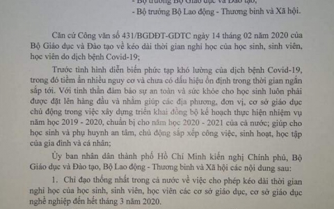 TPHCM kiến nghị cho học sinh của TP và cả nước nghỉ hết tháng 3